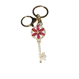 Pink and Gold Floral Keychain in Gold Tone
